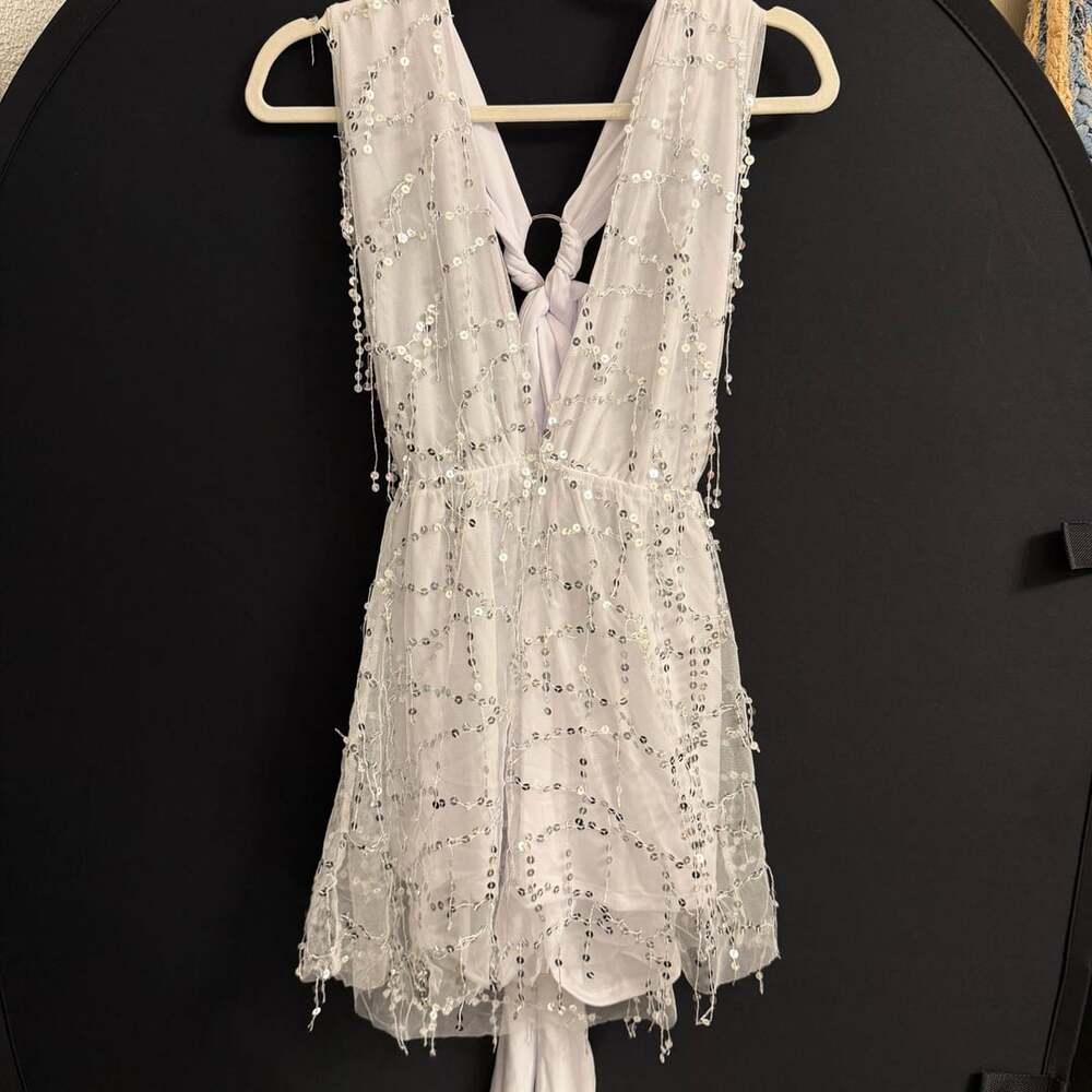 Lucy In The Sky Sequin Romper Size S White Halter Tulle Mini